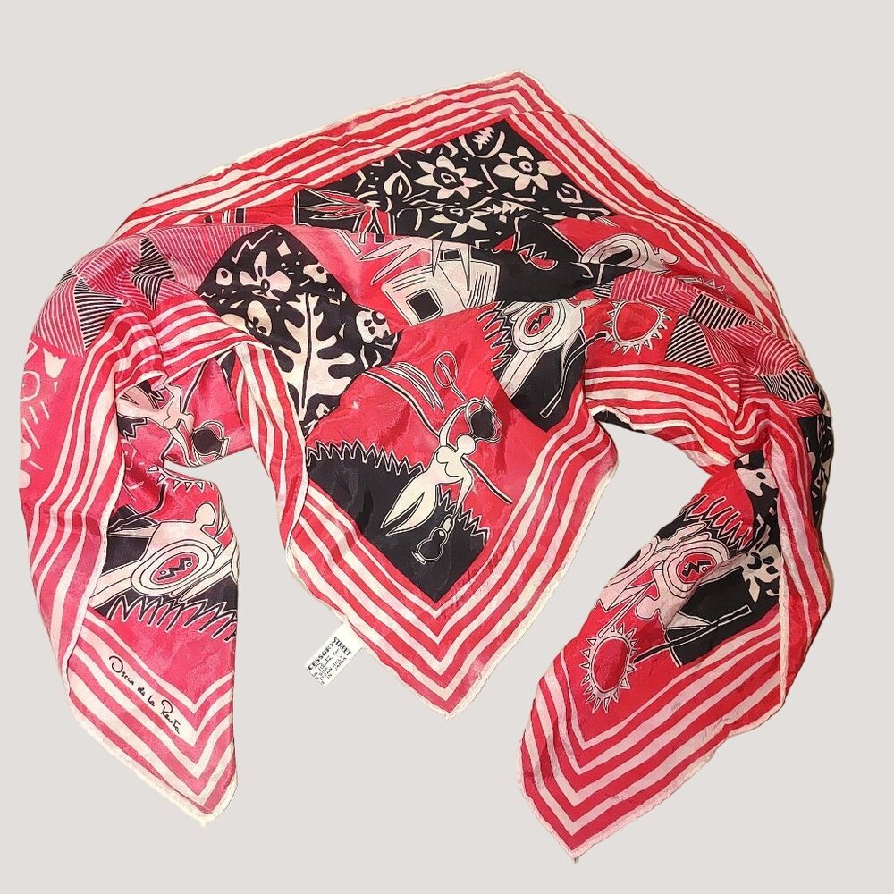 Oscar De La Renta Silk Scarf Twilly Vintage Abstract Red Black Print Japan READ